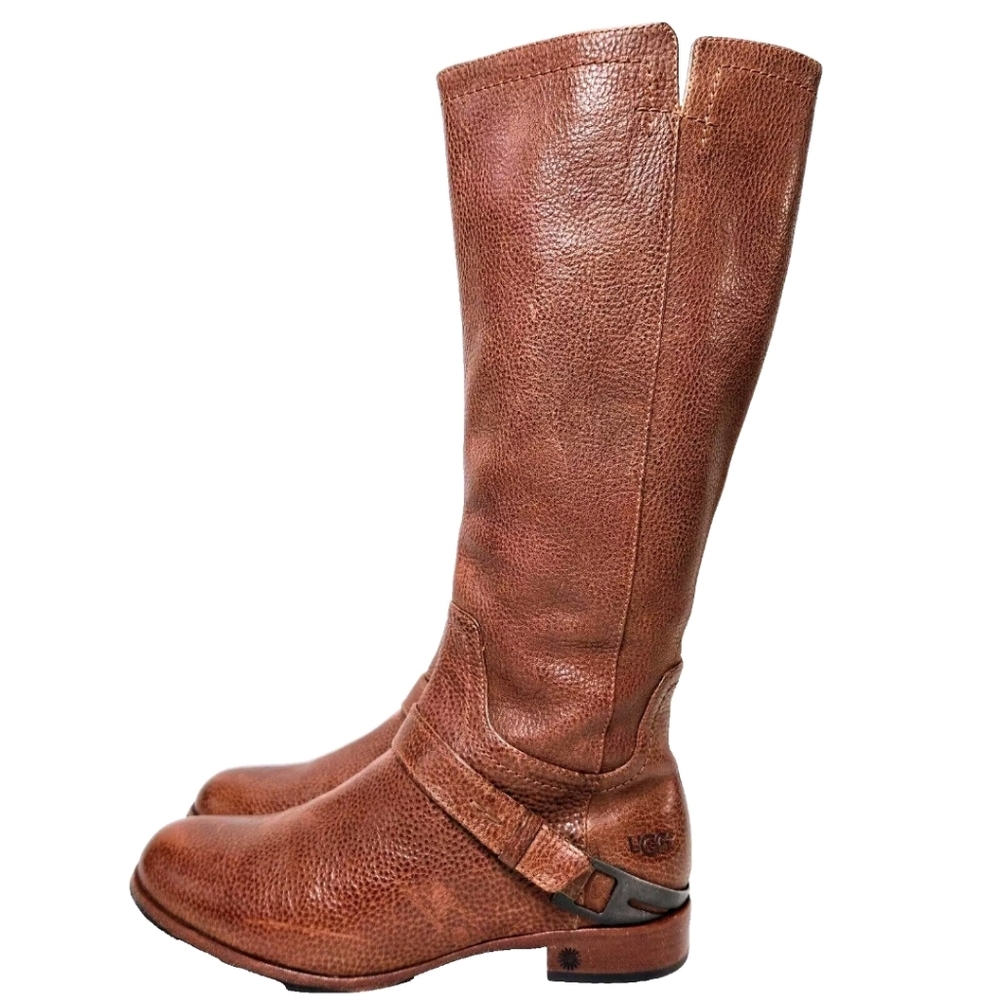 UGG Channing Tall Riding Boots Sz 7.5 Chestnut Pebbled Leather 3184 - Picture 4 of 14